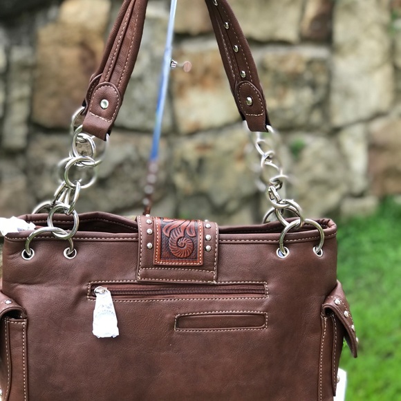 Montana West Brown Tooled Satchel - Picture 2 of 6